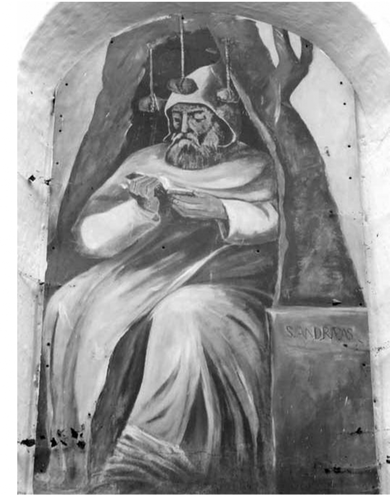 Wizerunek św. Andrzeja Świerada nad wejściem do kapliczki w Tropiu 