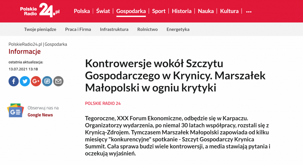 Polskie RAdio 24 o Krynica Summit i marszałku Kozłowskim