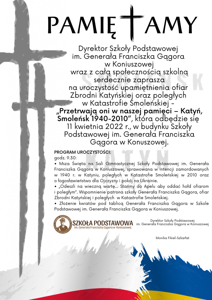 Zaproszenie na uroczystości z okazji rocznicy śmierci gen. Franciszka Gągora w SP Koniuszowa