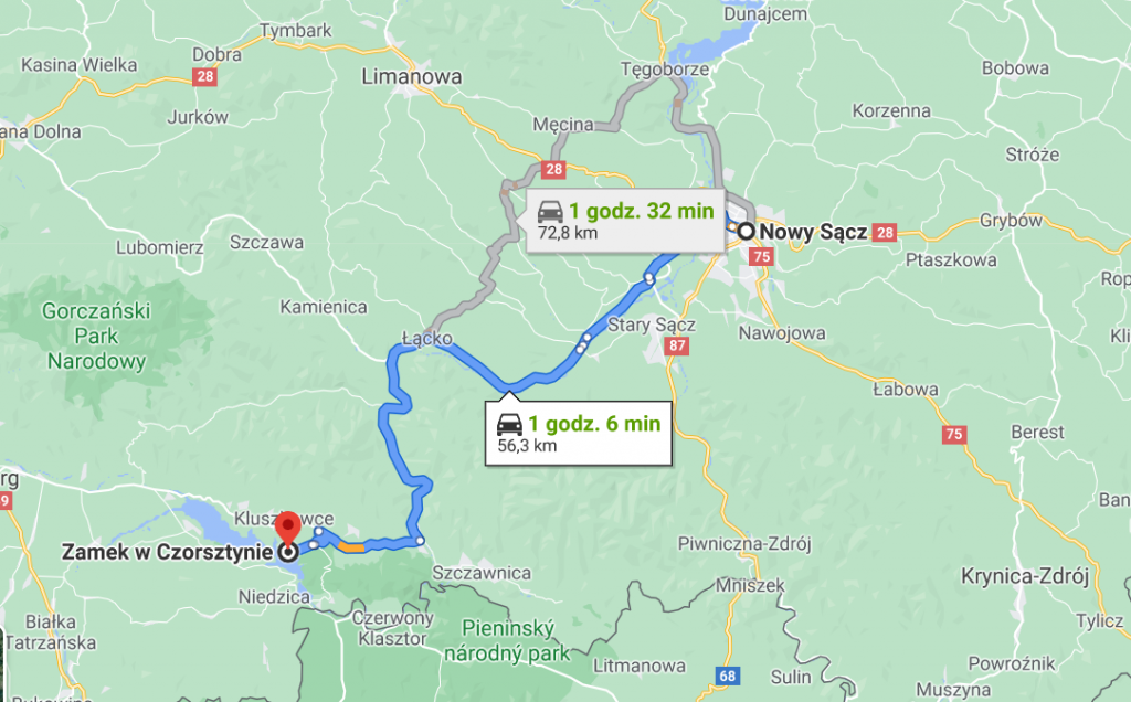 Dojazd z Nowego Sącza do Czorsztyna. Google Maps