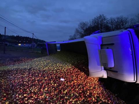 W gminie Podegrodzie przewróciła się ciężarówka. Kilka ton jabłek rozsypało się po polu
