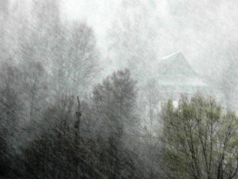Śnieżny szkwał w Krynicy. Deszcz, burza, wiatr, słońce i śnieg...